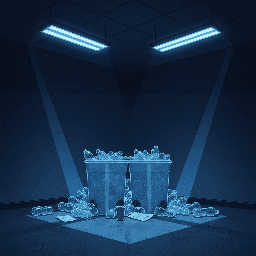 A stark office breakroom scene with overflowing recycling bins filled with plastic water bottles, some bottles scattered on the floor around the bins, fluorescent lighting casting harsh shadows, showing the reality of office recycling efforts versus waste production