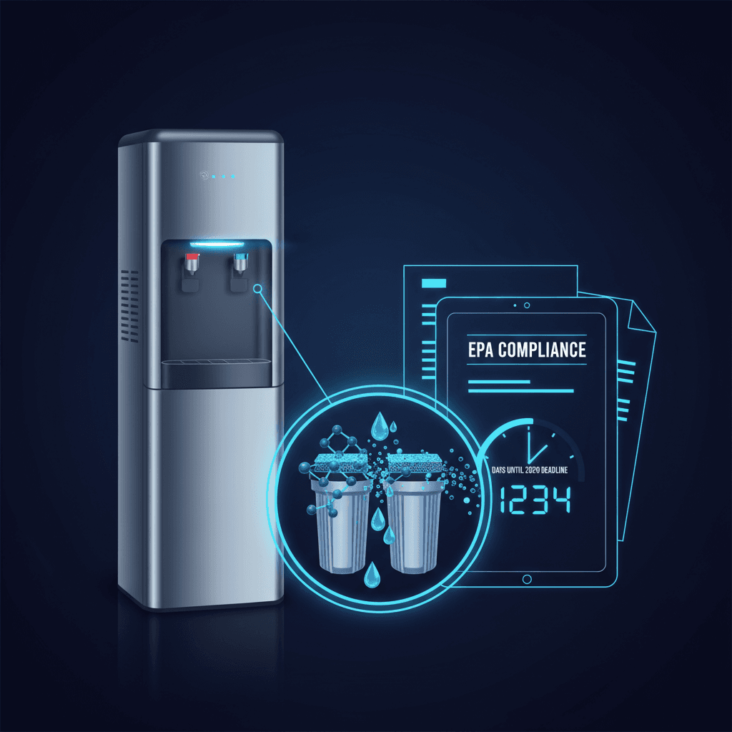 A pristine office water cooler next to a microscopic view showing PFAS molecules being filtered out, with EPA compliance documents and a countdown timer showing days until 2029 deadline