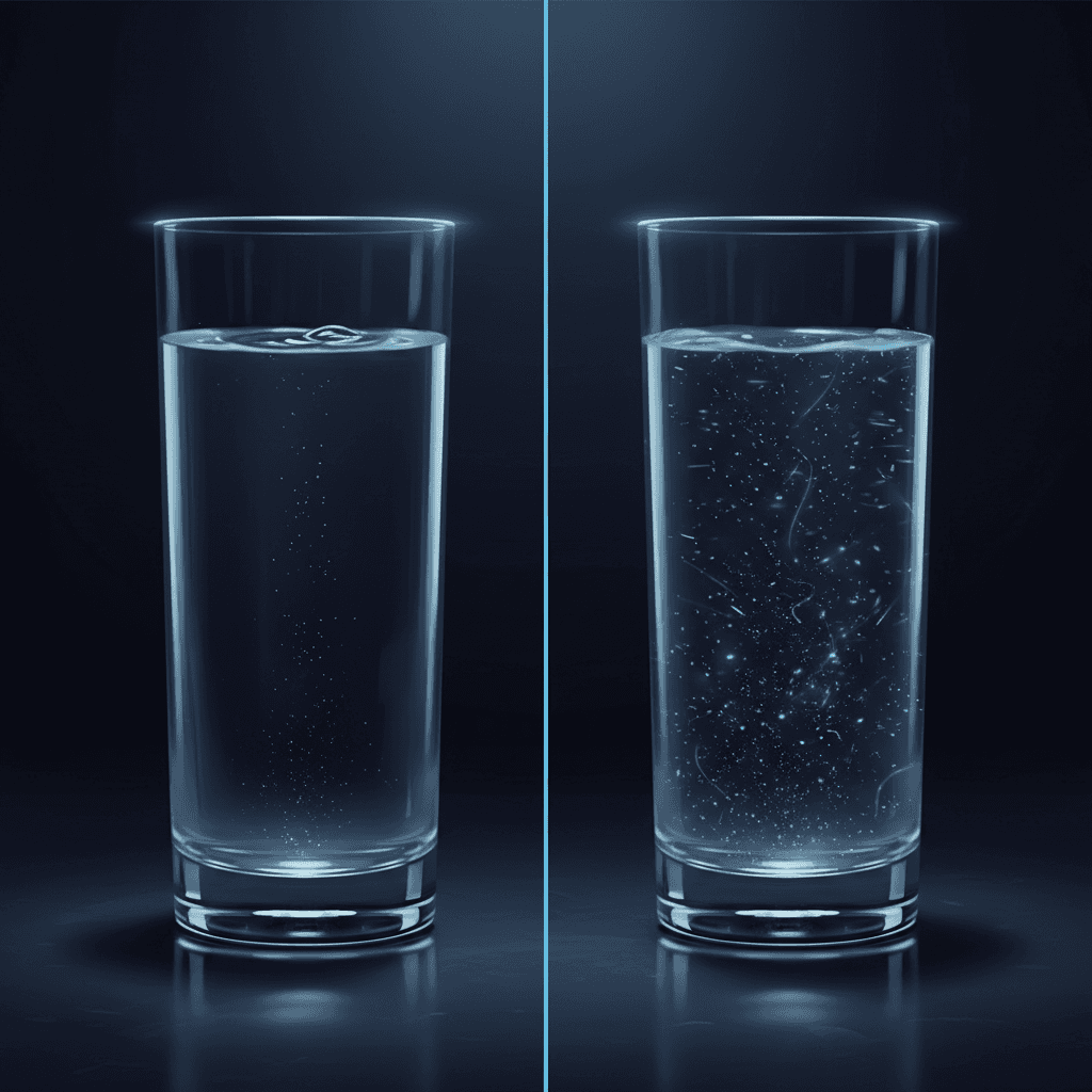 A stark split-screen view of two water glasses side by side - one crystal clear, one with subtle contamination particles floating through it, representing the invisible PFAS contamination in nearly half of America's tap water supply