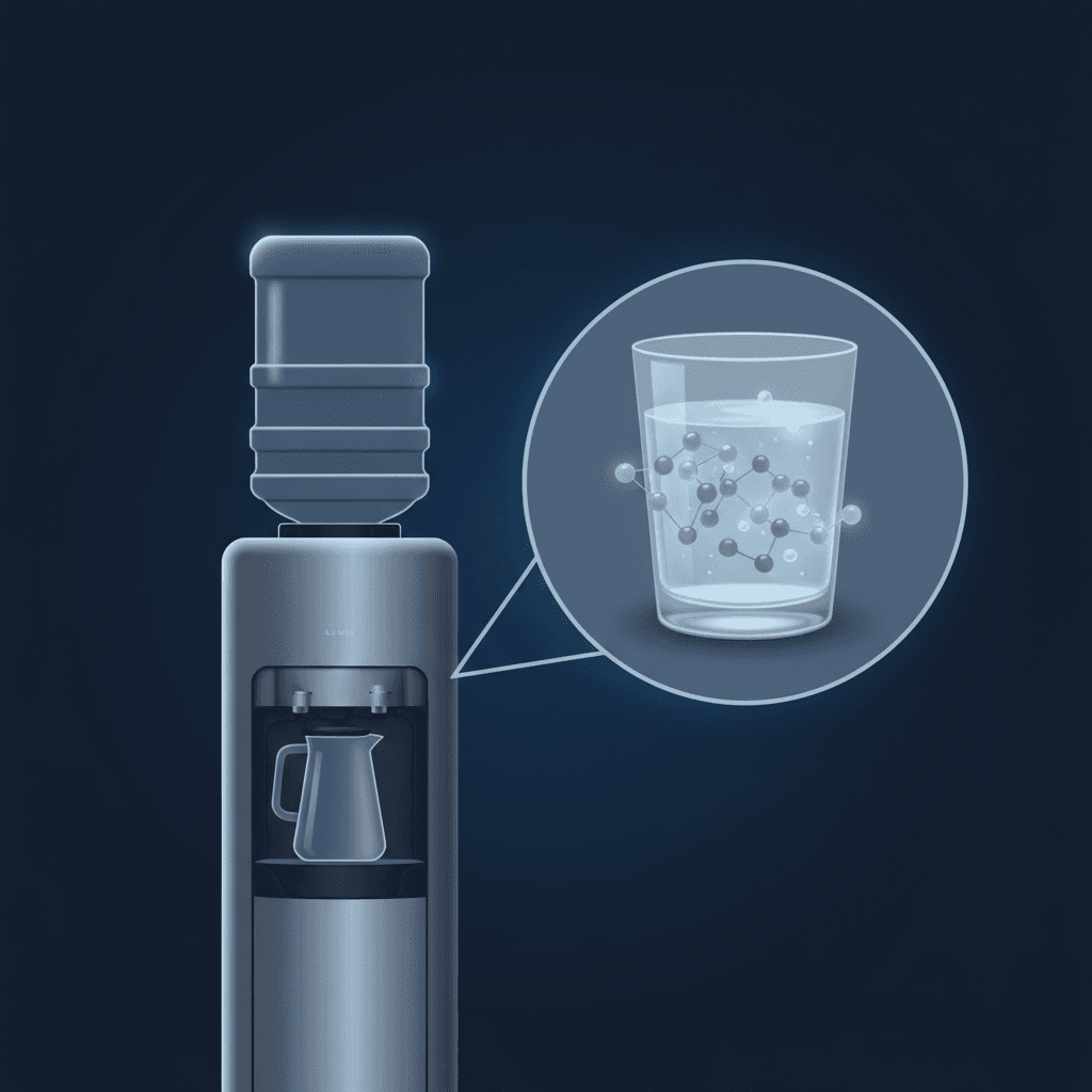 A stark office water cooler with a magnified view showing invisible PFAS molecules floating in a glass of water, rendered in a clean, scientific illustration style with muted blues and grays.