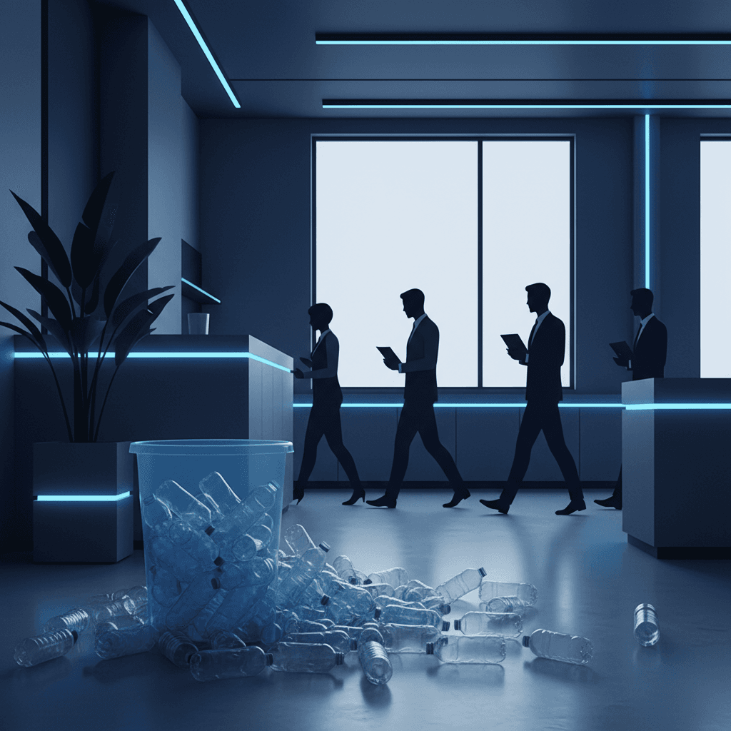 A corporate office breakroom overflowing with empty plastic water bottles spilling out of an overflowing recycling bin, with employees in business attire walking past indifferently in the background
