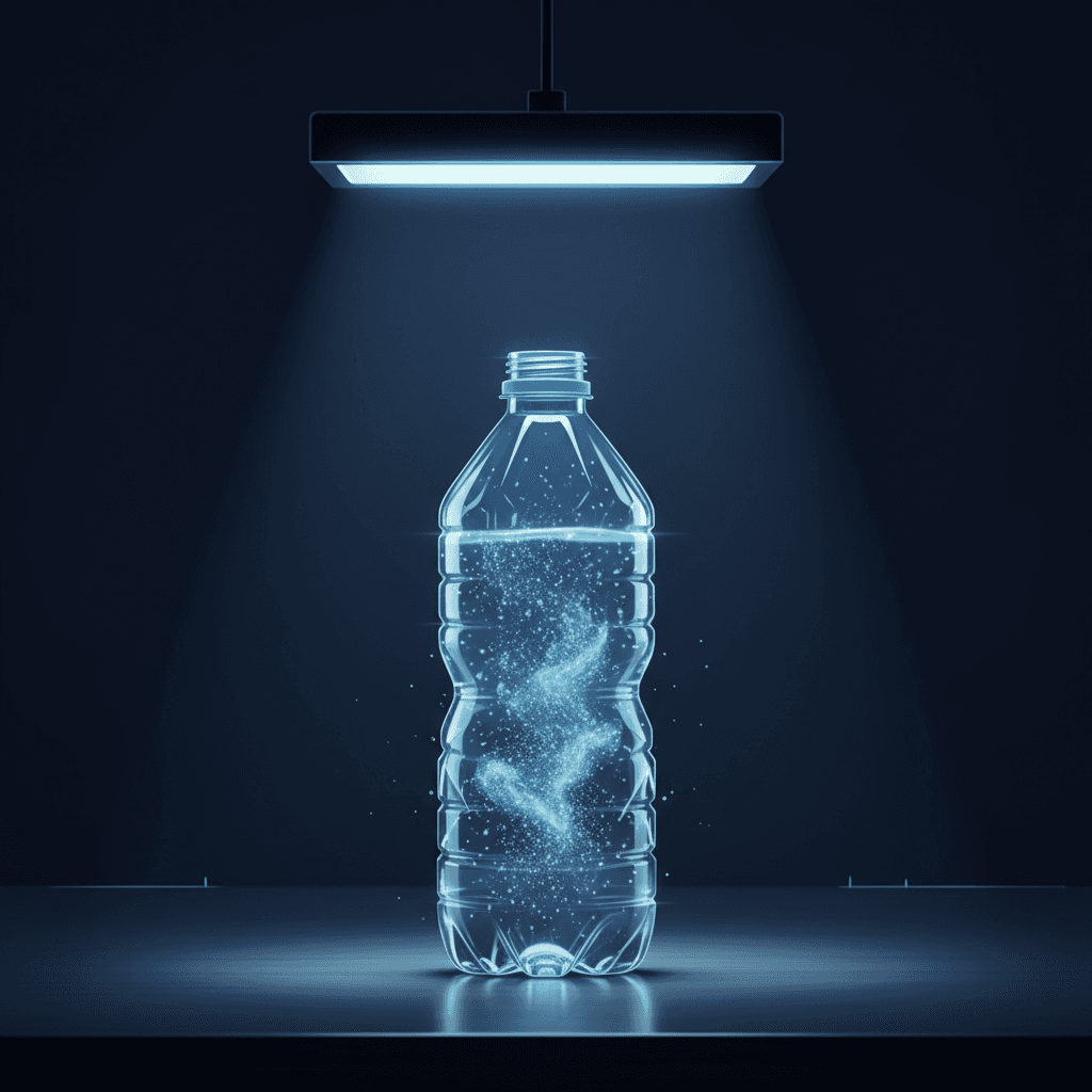 A clear plastic water bottle sitting on an office desk with tiny plastic particles floating inside the water, illuminated by fluorescent office lighting, showing the invisible contamination that affects workplace hydration.