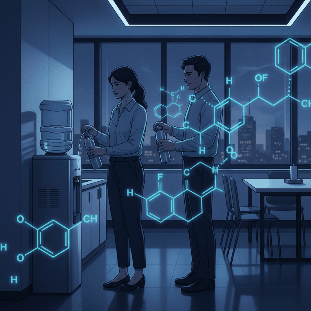 A modern office breakroom with employees filling water bottles, overlaid with translucent molecular diagrams of PFAS chemicals floating in the air, creating a subtle but unsettling visual about invisible contamination.