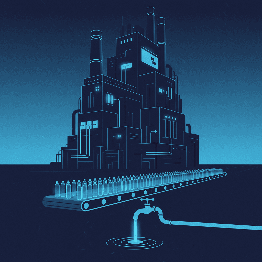 A massive industrial facility with smokestacks and energy infrastructure towering over rows of plastic water bottles on a conveyor belt, showing the stark contrast between the energy required to produce bottled water versus simple tap water systems.
