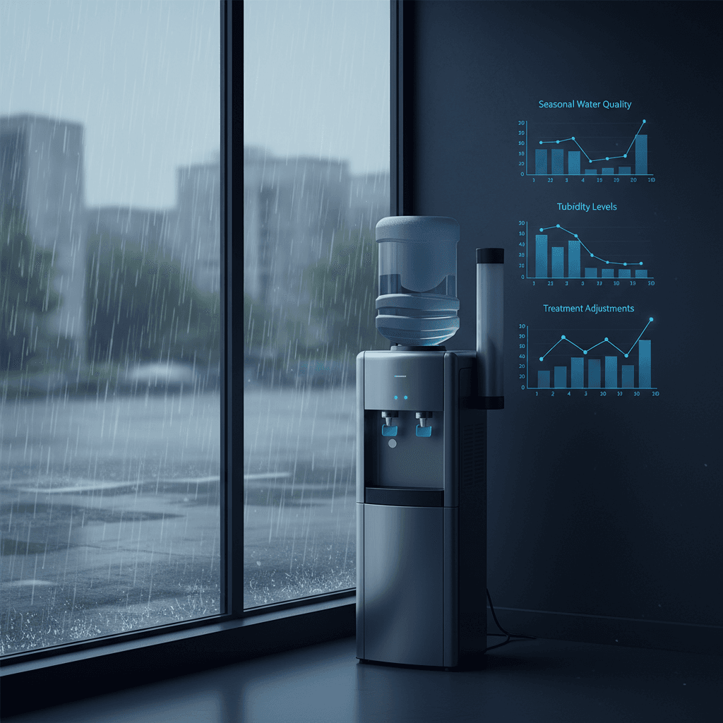 A modern office water cooler next to large windows showing spring rain and runoff, with charts on nearby walls showing seasonal water quality fluctuations and treatment adjustments