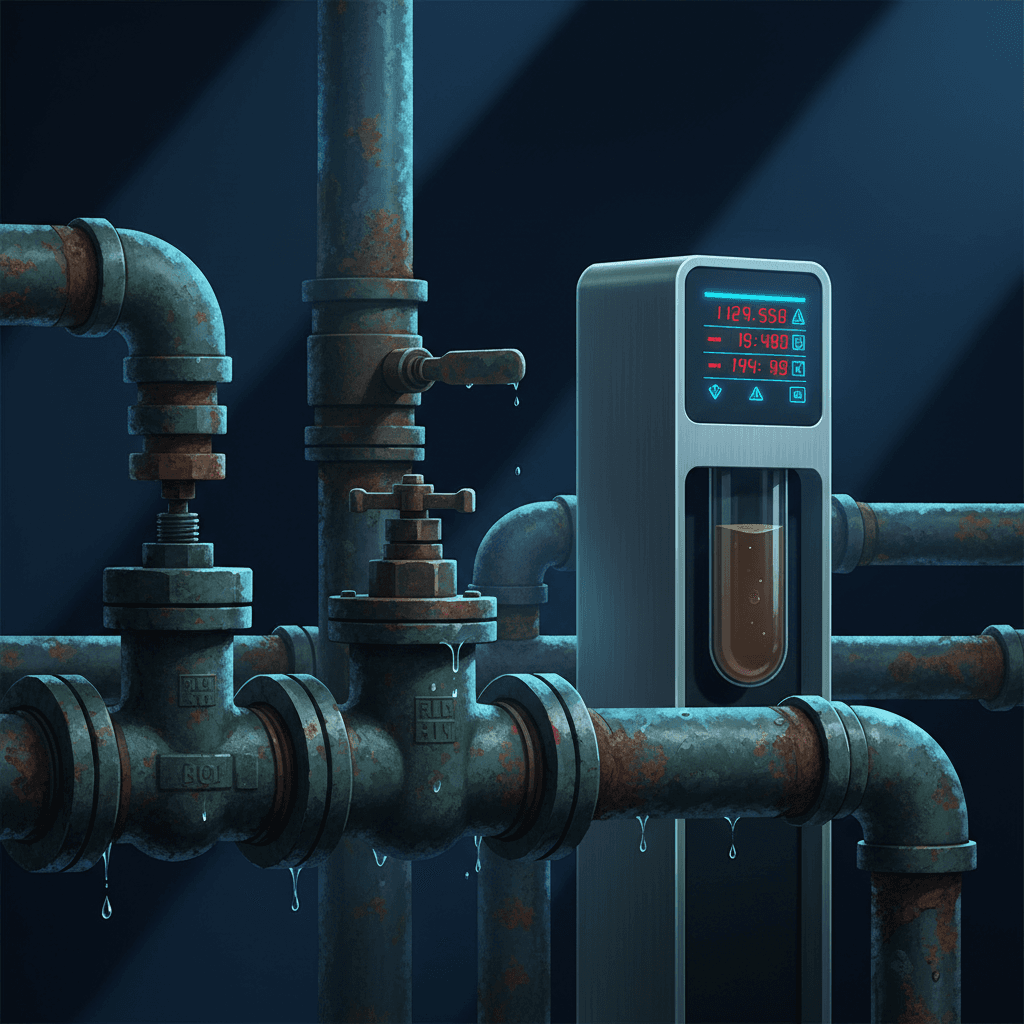 A close-up view of old office building plumbing with corroded pipes and fittings, contrasted against a modern water testing device showing concerning numbers on its digital display.