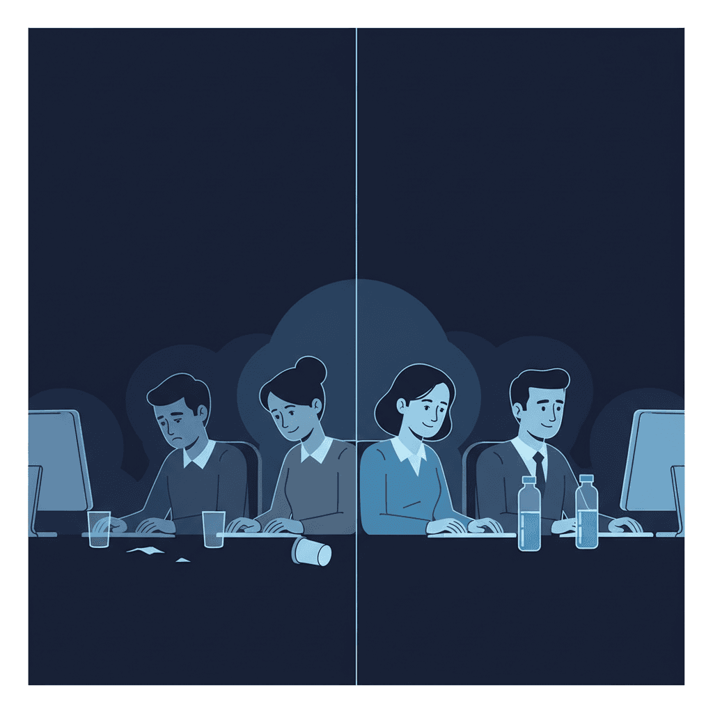 A split-screen office scene showing tired, sluggish workers on one side with empty water glasses, and alert, focused employees on the other side with full water bottles at their desks