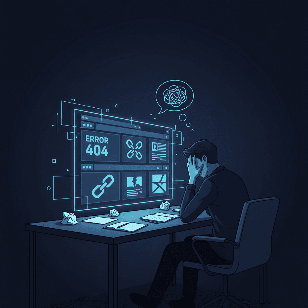 A person sitting at a desk with multiple browser tabs open, showing error 404 pages and broken links, with empty notebooks and a frustrated expression, symbolizing the challenge of finding reliable sources