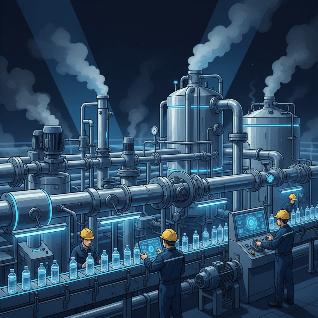 Industrial water bottling facility with massive pipes and machinery processing water, steam rising from equipment, workers in hard hats monitoring gauges and controls, conveyor belts of plastic bottles moving through the facility.
