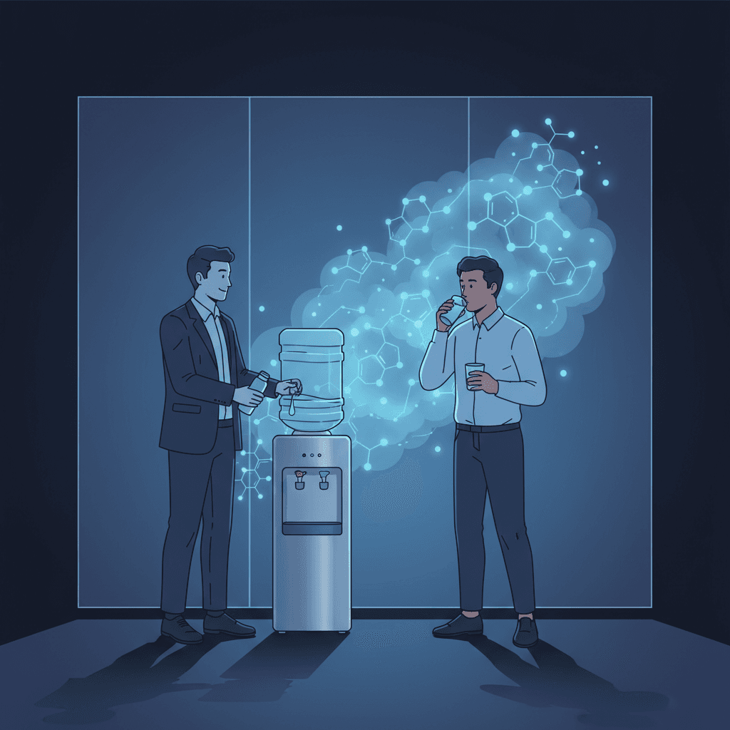 A modern office breakroom with employees at a water cooler, while translucent chemical molecules float ominously in the background, representing invisible PFAS contamination in drinking water systems