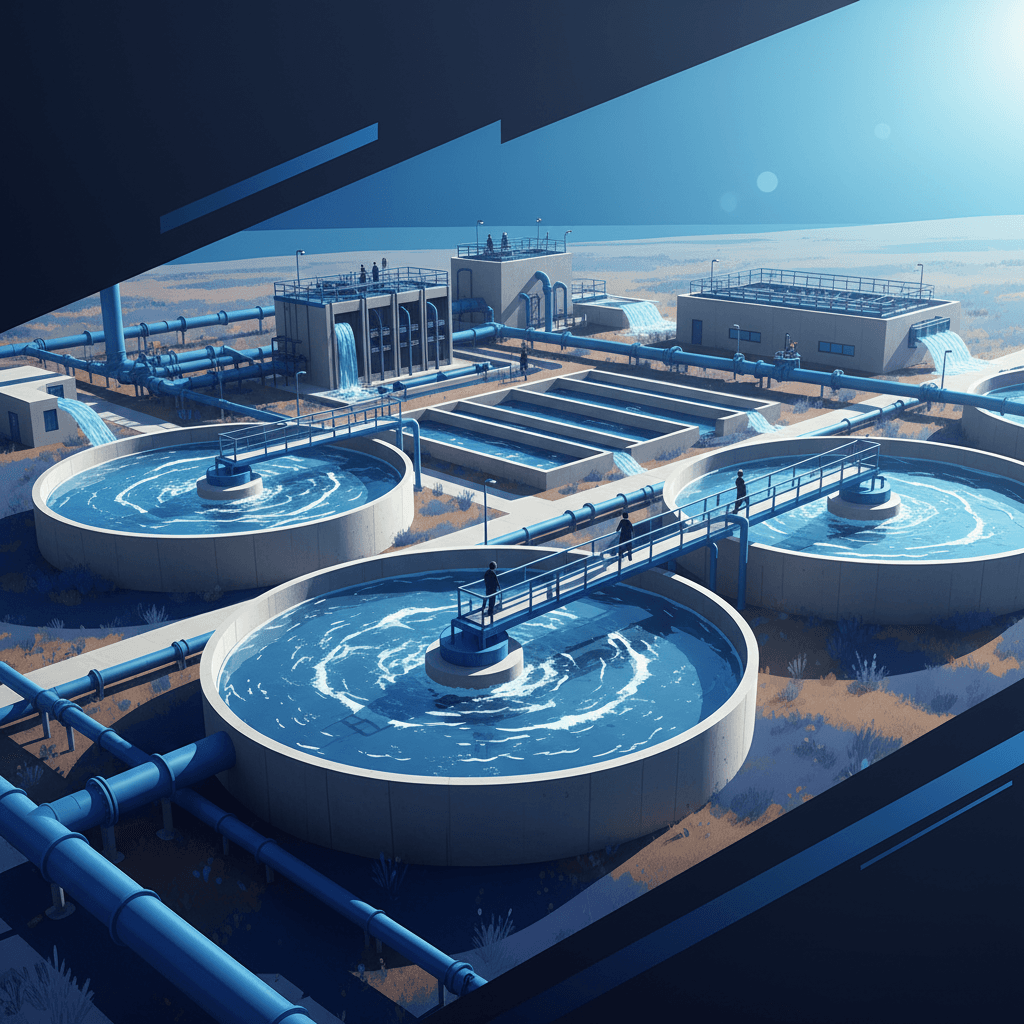 A water treatment plant facility with large settling tanks and filtration systems during summer, with bright sunlight and higher activity levels showing the seasonal operational changes that affect water quality.