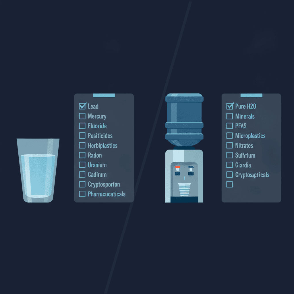 A split-screen illustration: on the left, a European drinking glass filled with clear water beside a checklist of twenty chemical compound names; on the right, an American office water cooler beside a nearly blank checklist with two items. Clean flat editorial style, muted blue and gray palette.