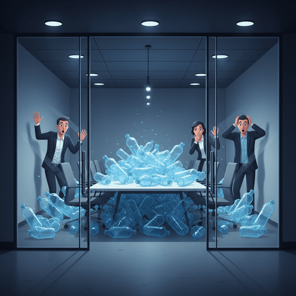A modern office conference room completely filled floor-to-ceiling with clear plastic water bottles, with shocked office workers peering through the glass door at the overwhelming pile of waste