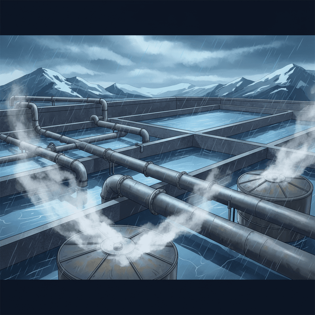 Industrial water treatment facility with large concrete basins and pipes, steam rising from processing tanks against a spring sky with melting snow and rainfall in the background
