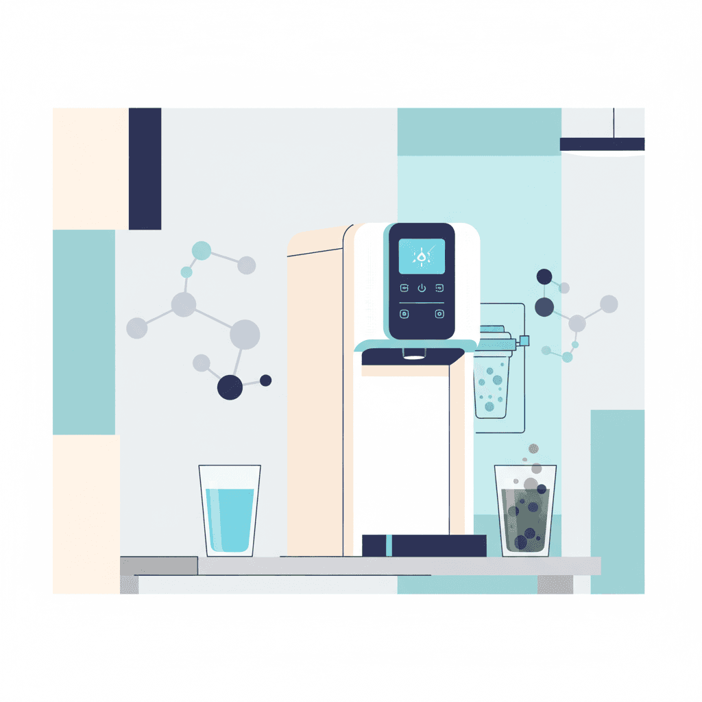 Modern bottleless water purification system in a clean office breakroom with a glass of crystal-clear purified water
