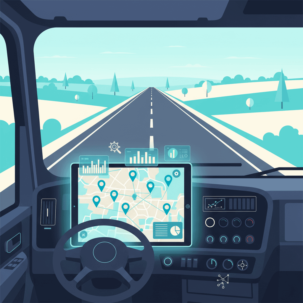 View from a truck cab looking at a glowing dashboard tablet showing a custom territory map with route pins and data