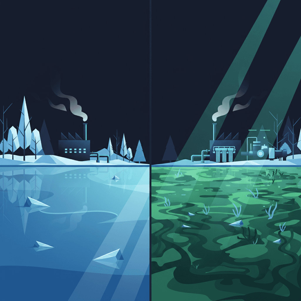 A split-screen view showing a clear, pristine water reservoir in winter on the left, and the same reservoir in summer on the right covered with green algae blooms under intense sunlight, with a water treatment plant in the background adjusting its processes