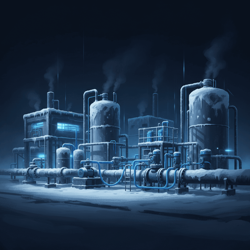 A water treatment plant facility in winter with snow-covered pipes and chemical dosing equipment, showing the industrial infrastructure that adjusts water treatment processes during cold months.