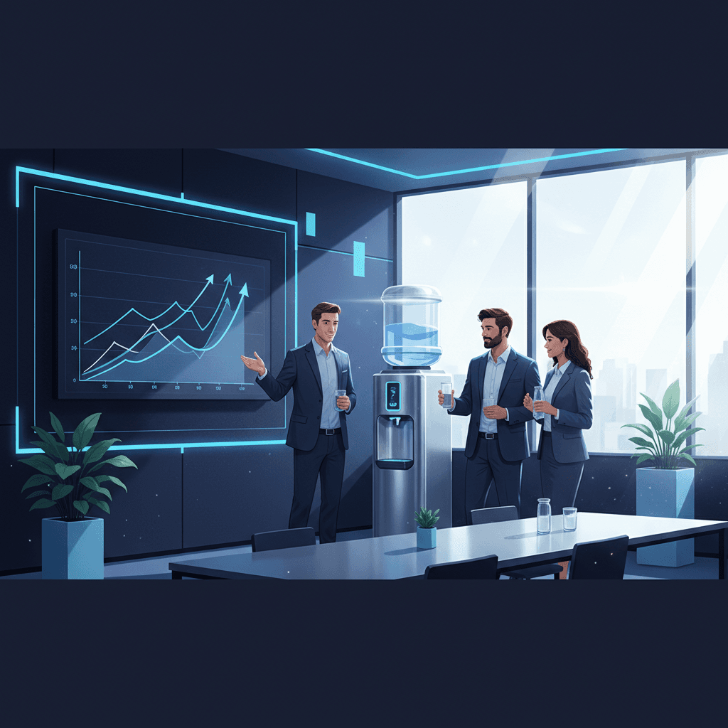 A modern office breakroom with employees gathered around a sleek water system, charts showing upward trending graphs on a nearby wall, bright natural lighting suggesting productivity and wellness.