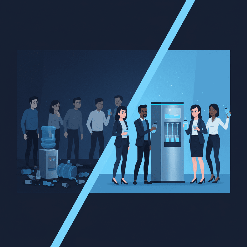 Split-screen view of a modern office: one side shows employees looking sluggish around an empty water cooler with scattered plastic bottles, the other side shows alert workers at a sleek hydration station with clear, flowing water