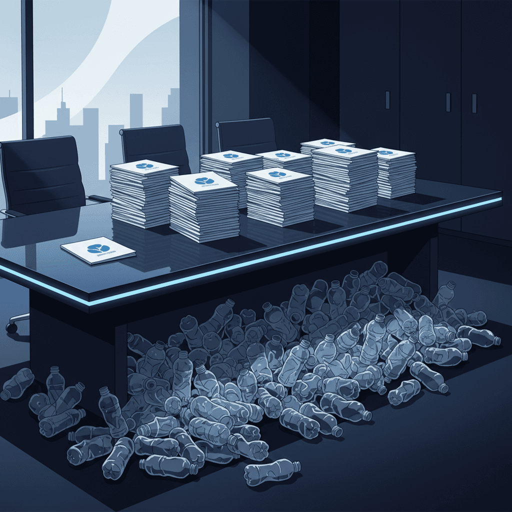 A corporate boardroom table covered with stacks of glossy sustainability reports, with thousands of plastic water bottles scattered underneath and spilling out from beneath the papers, creating a stark visual contrast between corporate promises and hidden environmental impact.