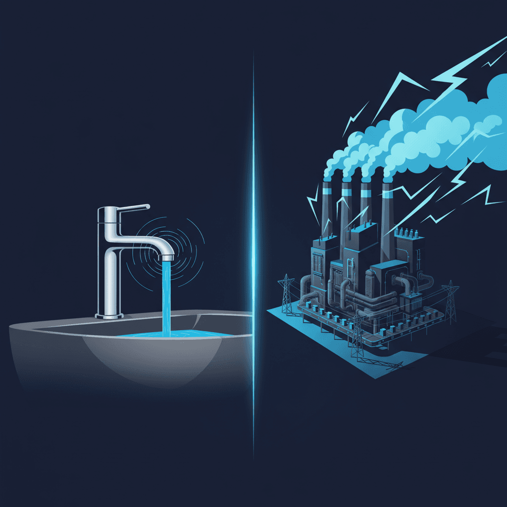 A stark comparison showing a single tap water faucet next to a massive industrial facility with smokestacks and energy infrastructure, illustrating the dramatic energy difference between tap and bottled water production