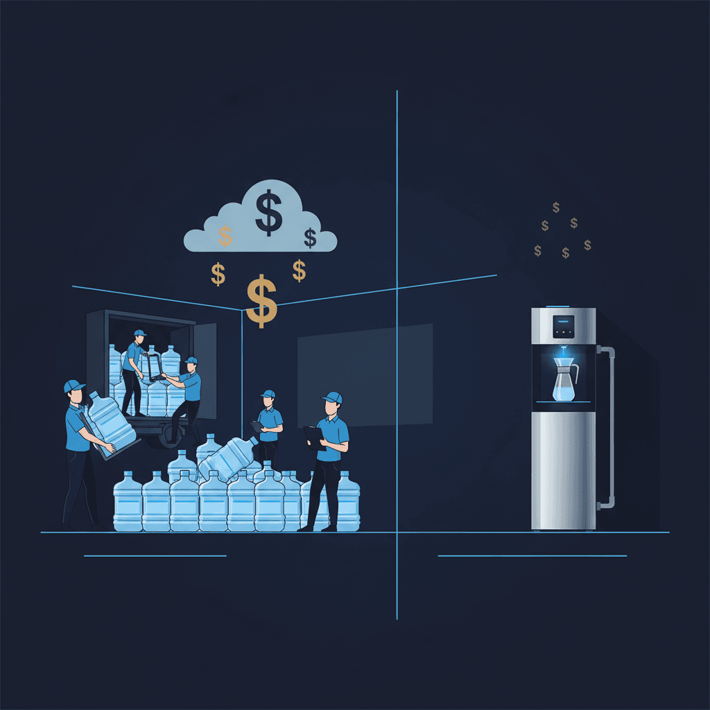 Split-screen office scene showing one side with expensive bottled water delivery and the other with a sleek bottleless water system, with dollar signs floating above to emphasize the cost difference