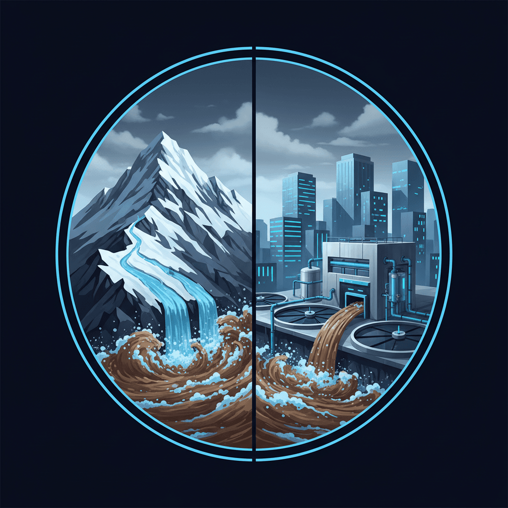 A split-screen showing pristine mountain snow melting into rushing muddy water flowing toward a city water treatment plant, with office buildings in the background under gray spring skies.