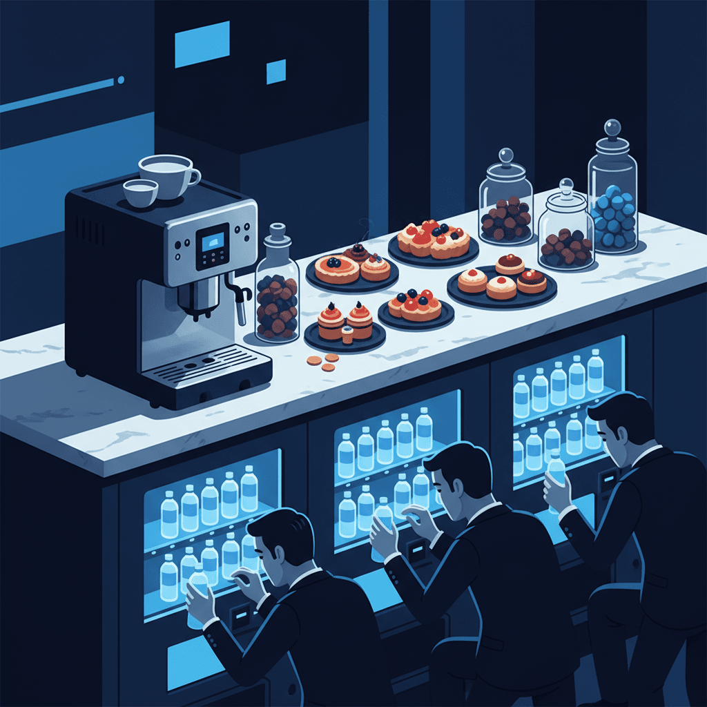 A modern office breakroom with an expensive espresso machine and fancy snacks, but workers looking tired and unfocused while reaching for small plastic water bottles from a vending machine