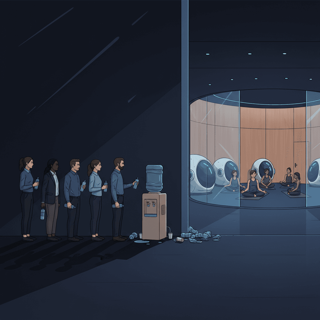 A modern office breakroom with an expensive wellness center in the background featuring yoga mats and meditation pods, while in the foreground employees line up at a basic water cooler with plastic bottles scattered around, highlighting the misplaced priorities in workplace wellness investments.