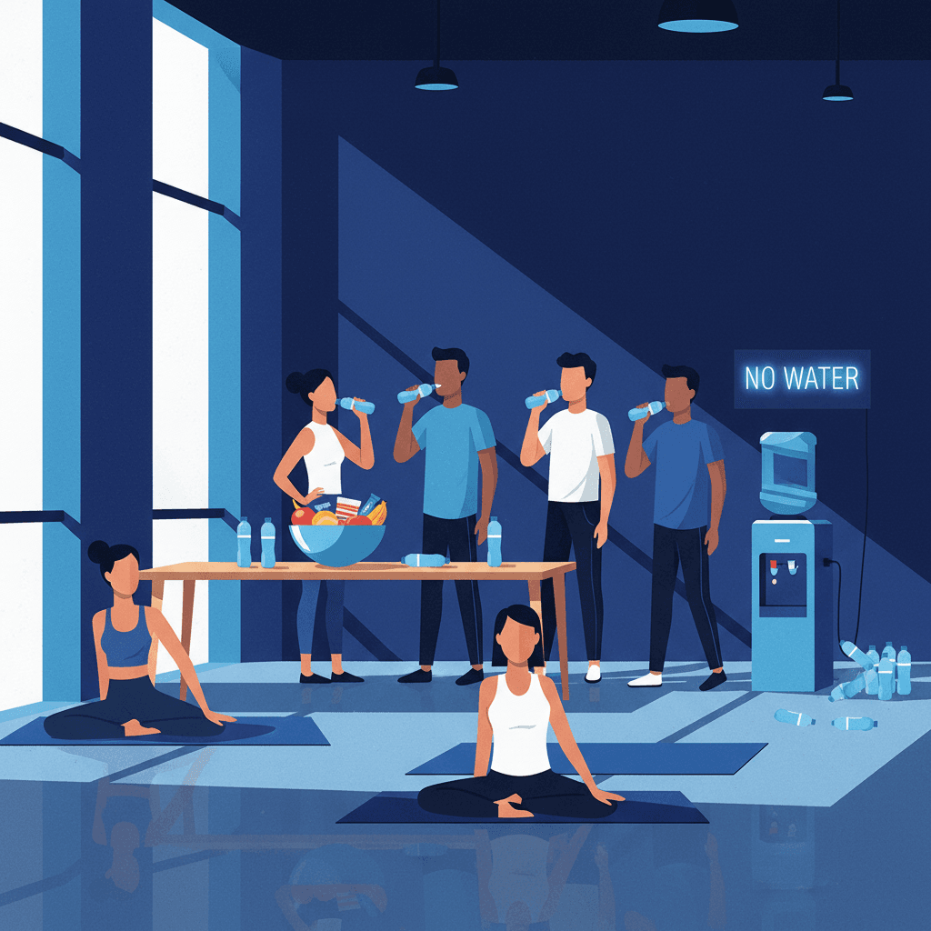 A modern office breakroom with employees gathered around various wellness amenities like yoga mats and healthy snacks, but drinking from small disposable water bottles, highlighting the disconnect between complete wellness programs and basic hydration infrastructure.