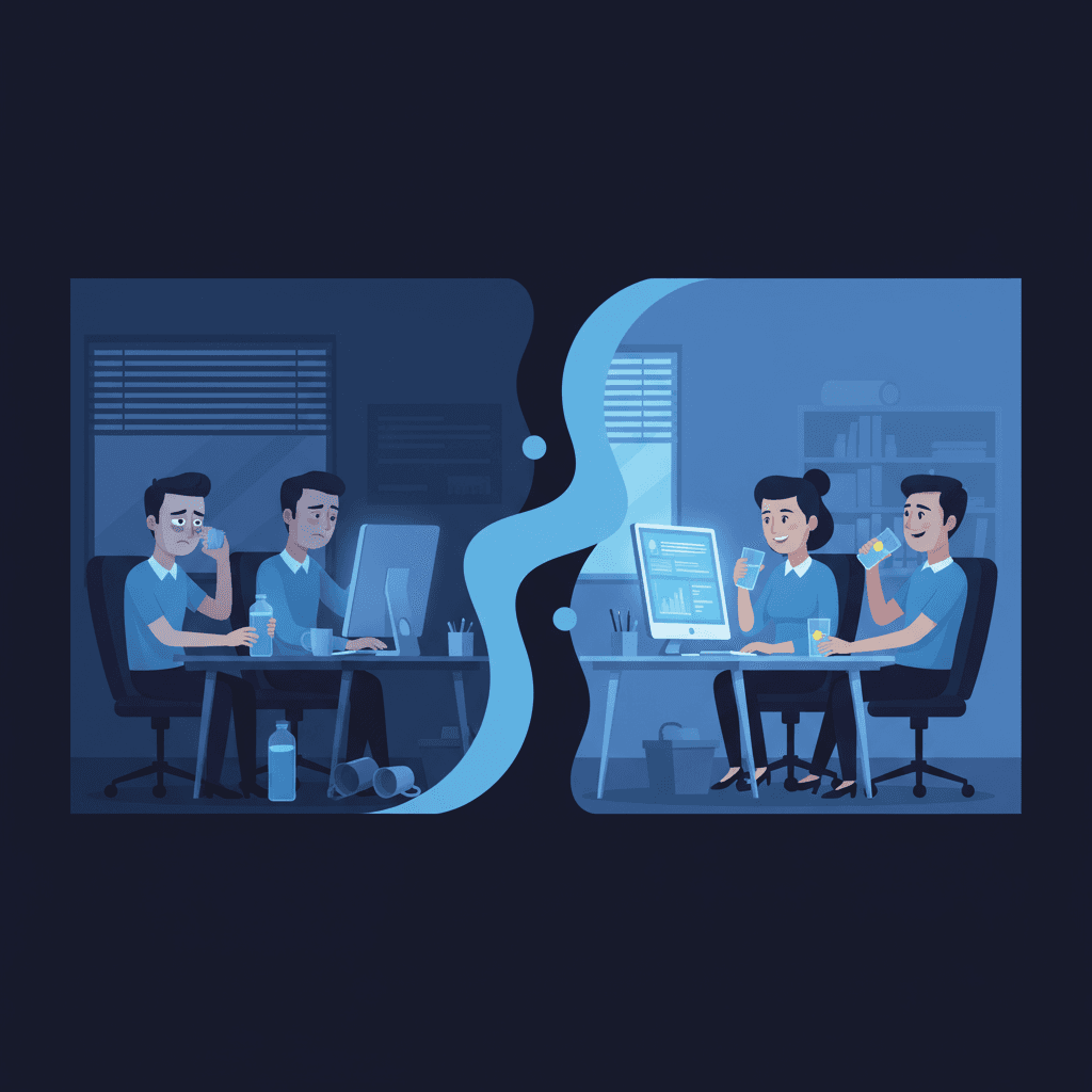 Split-screen office scene showing tired, unfocused workers reaching for empty water bottles on one side, and alert, engaged employees with full glasses of water at their desks on the other side