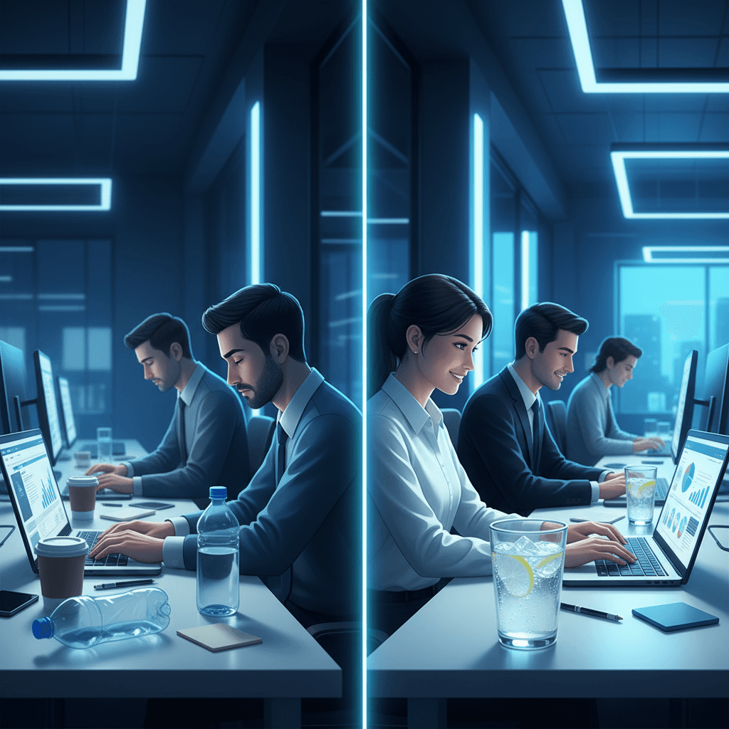 A split-screen office scene showing tired, sluggish employees on one side with empty water bottles and bright, focused workers on the other side with full water glasses, emphasizing the productivity contrast
