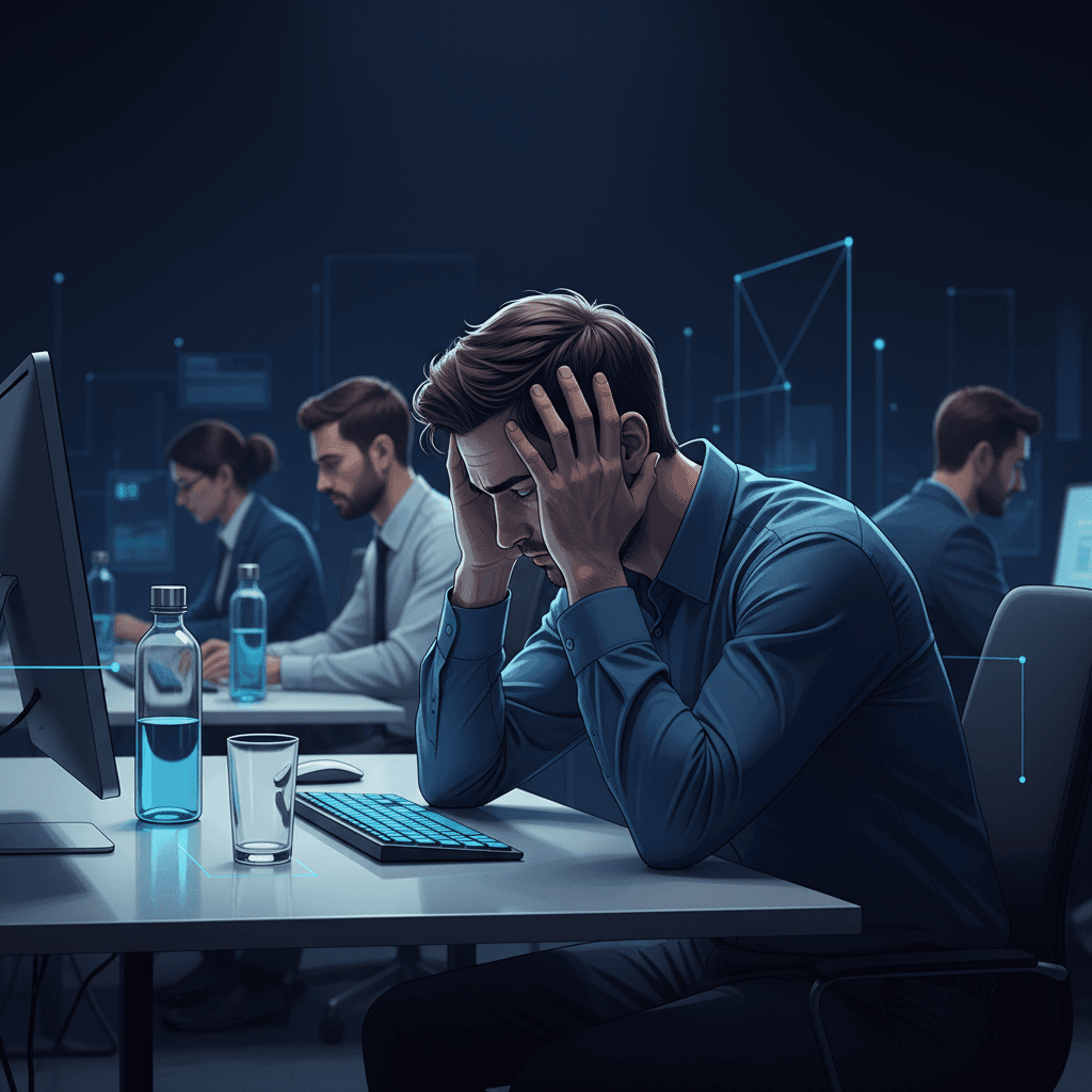 A modern office worker at their desk looking tired and confused, with an empty water glass nearby, while productive colleagues in the background have full water bottles at their workstations.